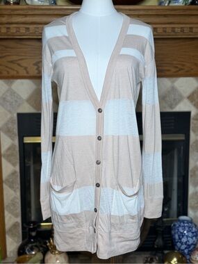 stem Beige and White Striped Button-Front Semi-Sheer Cardigan Women’s Size Small